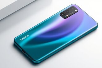 A high-quality image of the Realme 16 Pro+ smartphone with a focus on its 200MP main camera and 7000mAh battery, placed on a sleek background with minimal design elements.