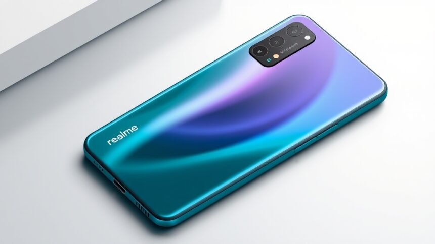A high-quality image of the Realme 16 Pro+ smartphone with a focus on its 200MP main camera and 7000mAh battery, placed on a sleek background with minimal design elements.