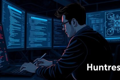 A detailed illustration of a cybersecurity expert analyzing threat intelligence data in a darkened room with screens displaying code and network maps, with a Huntress logo subtly integrated into the scene.