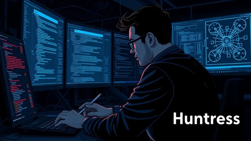 A detailed illustration of a cybersecurity expert analyzing threat intelligence data in a darkened room with screens displaying code and network maps, with a Huntress logo subtly integrated into the scene.