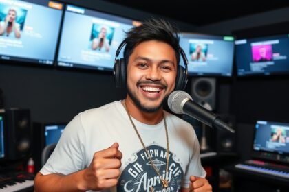 A photo of Flipperachi in a recording studio, with a microphone in hand and a confident expression, surrounded by music equipment and screens displaying his songs.