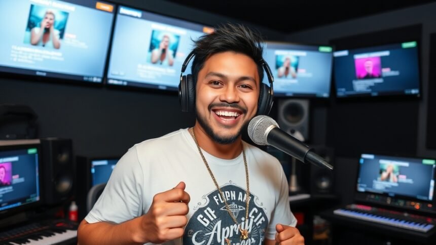 A photo of Flipperachi in a recording studio, with a microphone in hand and a confident expression, surrounded by music equipment and screens displaying his songs.