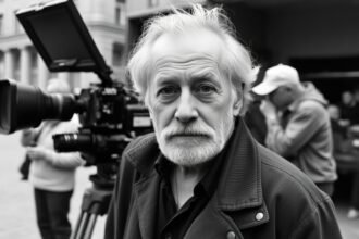 A black and white photo of Bela Tarr on a film set, with a camera and crew in the background, capturing the essence of his cinematic style.