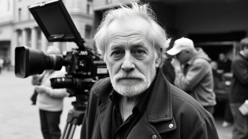 A black and white photo of Bela Tarr on a film set, with a camera and crew in the background, capturing the essence of his cinematic style.