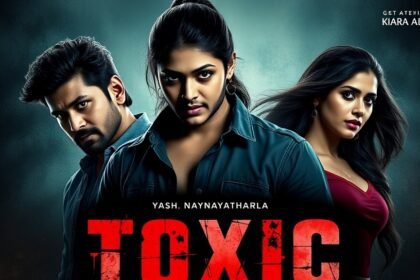 A poster of the movie Toxic featuring Yash, Nayanthara, and Kiara Advani, with a dark and intense background, highlighting the theme of the film.
