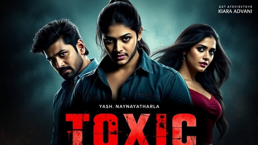 A poster of the movie Toxic featuring Yash, Nayanthara, and Kiara Advani, with a dark and intense background, highlighting the theme of the film.