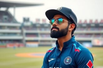 A photo of Virat Kohli in cricket gear, with a thoughtful expression, standing in front of a cricket stadium, with a subtle background of a cricket field and spectators.