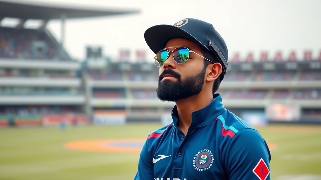 A photo of Virat Kohli in cricket gear, with a thoughtful expression, standing in front of a cricket stadium, with a subtle background of a cricket field and spectators.
