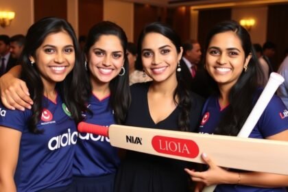 A photo of Smriti Mandhana, Harmanpreet Kaur, and Jemimah Rodrigues together, smiling and holding cricket bats, with Nita Ambani in the background, at a celebratory event in Mumbai.