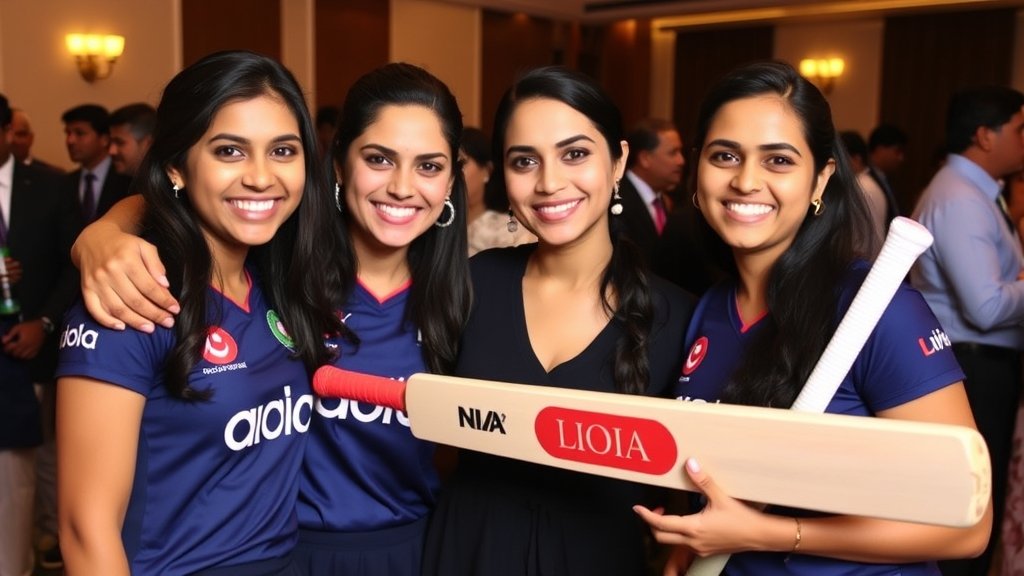 A photo of Smriti Mandhana, Harmanpreet Kaur, and Jemimah Rodrigues together, smiling and holding cricket bats, with Nita Ambani in the background, at a celebratory event in Mumbai.
