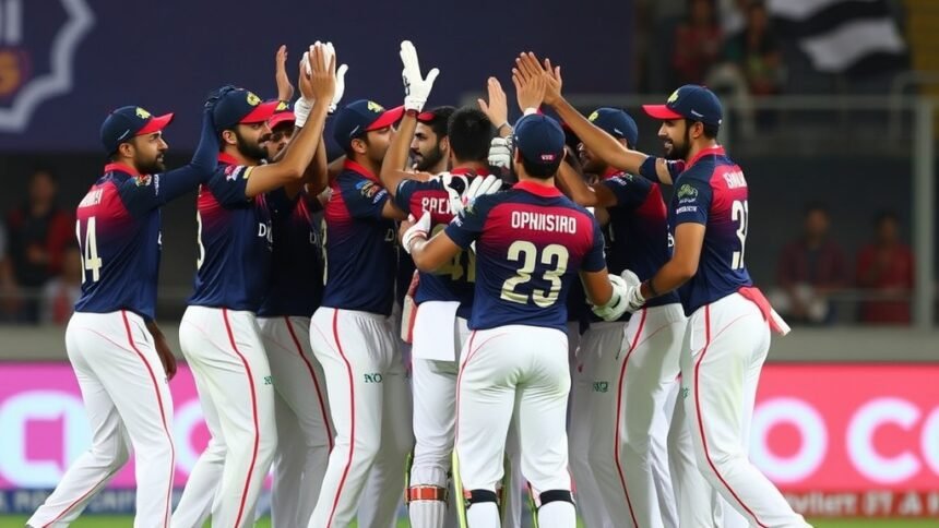 A photo of the Delhi Capitals team celebrating a win, with the top order batsmen in focus, highlighting their key role in the team's success.