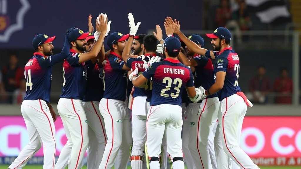 A photo of the Delhi Capitals team celebrating a win, with the top order batsmen in focus, highlighting their key role in the team's success.