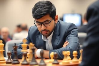 A photograph of Viswanathan Anand playing chess in a tournament, with a focus on his intense concentration and the chessboard in the foreground.
