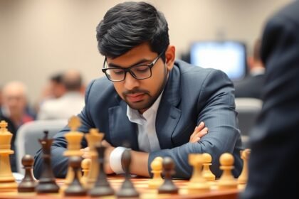 A photograph of Viswanathan Anand playing chess in a tournament, with a focus on his intense concentration and the chessboard in the foreground.