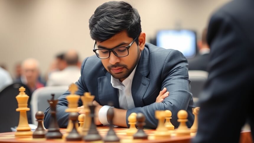A photograph of Viswanathan Anand playing chess in a tournament, with a focus on his intense concentration and the chessboard in the foreground.