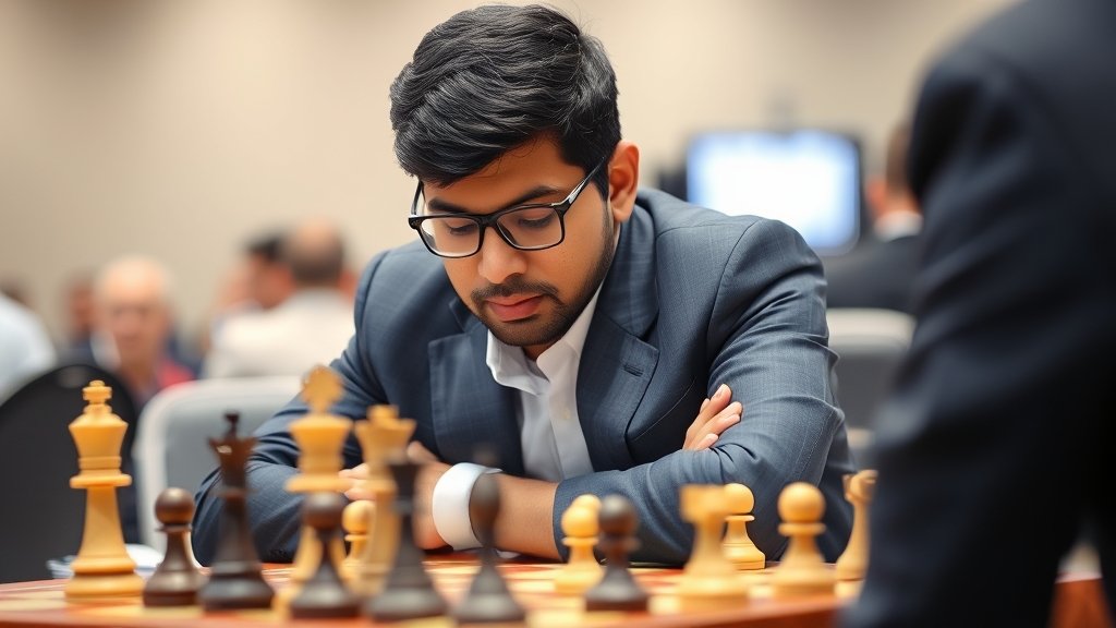 A photograph of Viswanathan Anand playing chess in a tournament, with a focus on his intense concentration and the chessboard in the foreground.