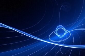 An illustration of electromagnetic waves flowing along geodesic paths in a curved spacetime, with a subtle background texture representing the fabric of spacetime.