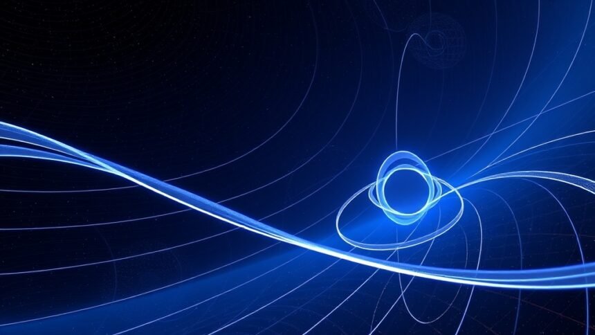 An illustration of electromagnetic waves flowing along geodesic paths in a curved spacetime, with a subtle background texture representing the fabric of spacetime.