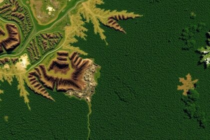 A high-resolution satellite image of a forest area with mineral deposits, showcasing the use of remote sensing technology in environmental monitoring and natural resource management
