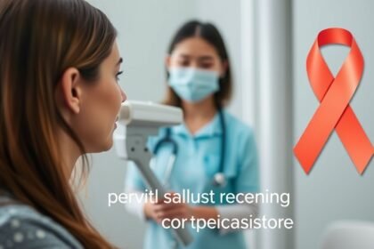 A picture of a woman getting a cervical cancer screening test, with a healthcare professional in the background, and a subtle awareness ribbon incorporated into the image.