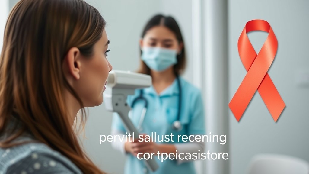 A picture of a woman getting a cervical cancer screening test, with a healthcare professional in the background, and a subtle awareness ribbon incorporated into the image.