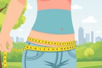 An illustration of a person measuring their waist-to-height ratio with a tape measure, with a cityscape or a park in the background to represent a healthy lifestyle.