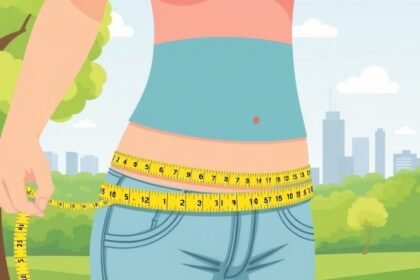 An illustration of a person measuring their waist-to-height ratio with a tape measure, with a cityscape or a park in the background to represent a healthy lifestyle.