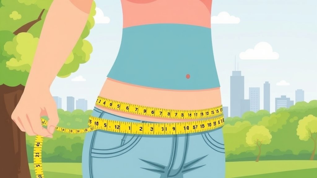 An illustration of a person measuring their waist-to-height ratio with a tape measure, with a cityscape or a park in the background to represent a healthy lifestyle.