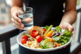 A photo of a person holding a plate of healthy food with a glass of water, with a subtle background of a city or a park, symbolizing a balanced lifestyle.