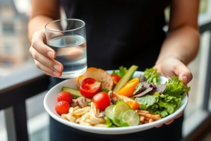 A photo of a person holding a plate of healthy food with a glass of water, with a subtle background of a city or a park, symbolizing a balanced lifestyle.