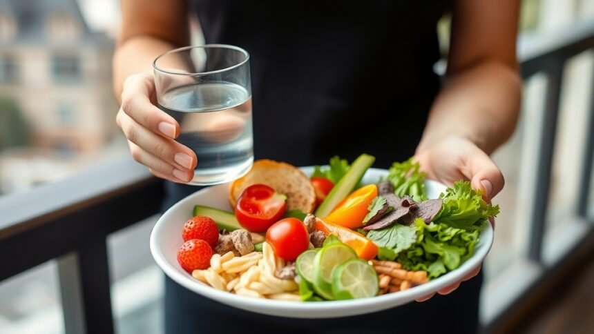 A photo of a person holding a plate of healthy food with a glass of water, with a subtle background of a city or a park, symbolizing a balanced lifestyle.
