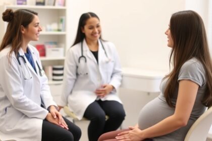 A pregnant woman sitting in a doctor's office, with a doctor and a pharmacist in the background, discussing medication options for managing epilepsy during pregnancy