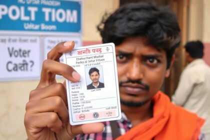 A photo of a person holding a voter ID card with a puzzled expression in front of a polling booth in Uttar Pradesh