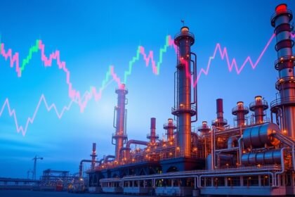 An image of a crude oil refinery with a graph of oil prices in the background, symbolizing the impact of global events on the energy market.
