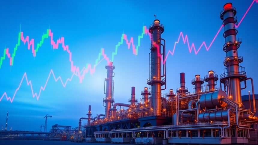 An image of a crude oil refinery with a graph of oil prices in the background, symbolizing the impact of global events on the energy market.