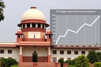 A photo of the Supreme Court of India with a graph or chart in the background showing the EPF wage ceiling limit and its potential impact on employees.