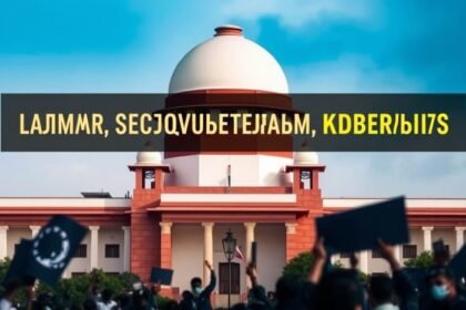 A photograph of the Supreme Court of India with a subtle background of protest or a related image that symbolizes the struggle for justice in the context of the UAPA and bail hearings.