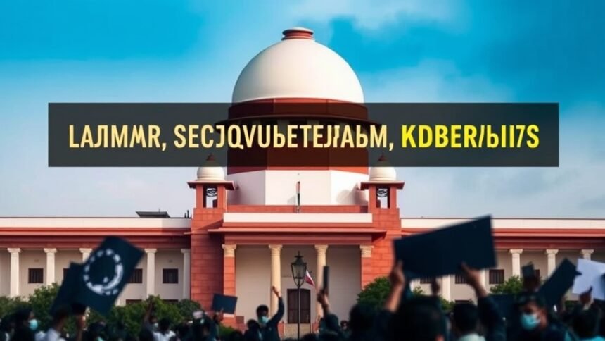 A photograph of the Supreme Court of India with a subtle background of protest or a related image that symbolizes the struggle for justice in the context of the UAPA and bail hearings.