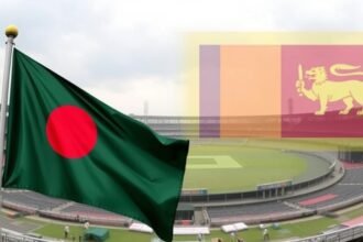 A photo of a cricket stadium with a Bangladeshi flag in the foreground and a Sri Lankan flag in the background, symbolizing the potential shift of the T20 World Cup from India to Sri Lanka due to political tensions.