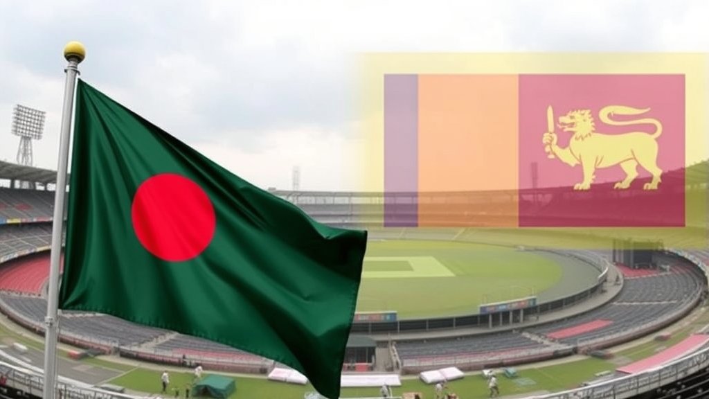 A photo of a cricket stadium with a Bangladeshi flag in the foreground and a Sri Lankan flag in the background, symbolizing the potential shift of the T20 World Cup from India to Sri Lanka due to political tensions.