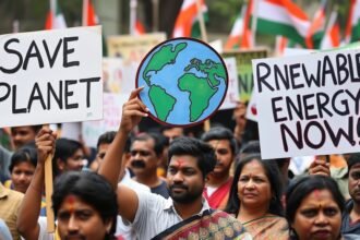 A photo of a protest against fossil fuels in India, with people holding signs that read "Save the Planet" and "Renewable Energy Now".