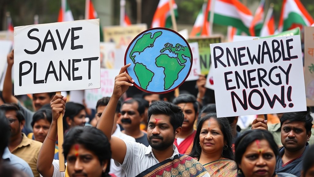 A photo of a protest against fossil fuels in India, with people holding signs that read "Save the Planet" and "Renewable Energy Now".