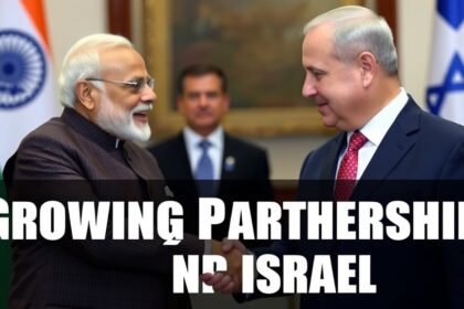 A photo of Indian Prime Minister Narendra Modi and Israeli Prime Minister Benjamin Netanyahu shaking hands or meeting in a diplomatic setting, with a subtle background that hints at the growing partnership between India and Israel.