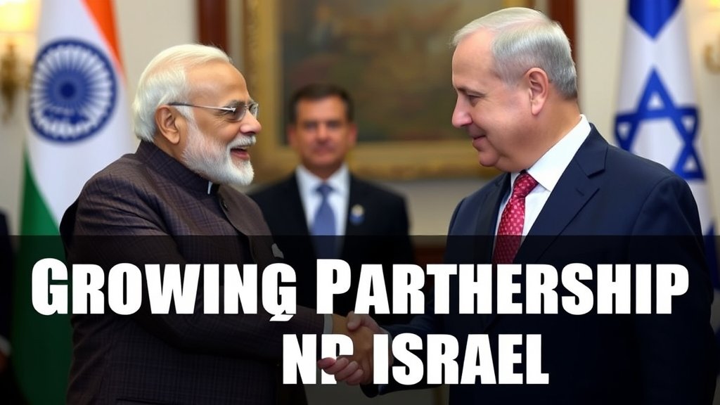 A photo of Indian Prime Minister Narendra Modi and Israeli Prime Minister Benjamin Netanyahu shaking hands or meeting in a diplomatic setting, with a subtle background that hints at the growing partnership between India and Israel.