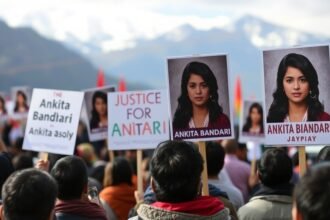 A photo of a protest rally in Uttarakhand with people holding placards demanding justice for Ankita Bhandari, with a blurred background of the Himalayas.