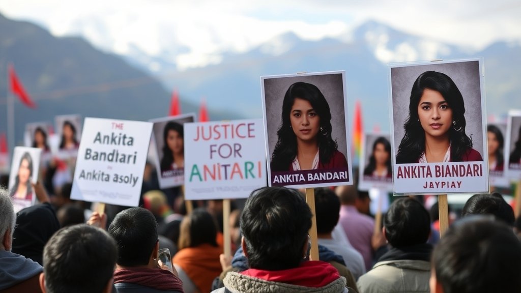 A photo of a protest rally in Uttarakhand with people holding placards demanding justice for Ankita Bhandari, with a blurred background of the Himalayas.