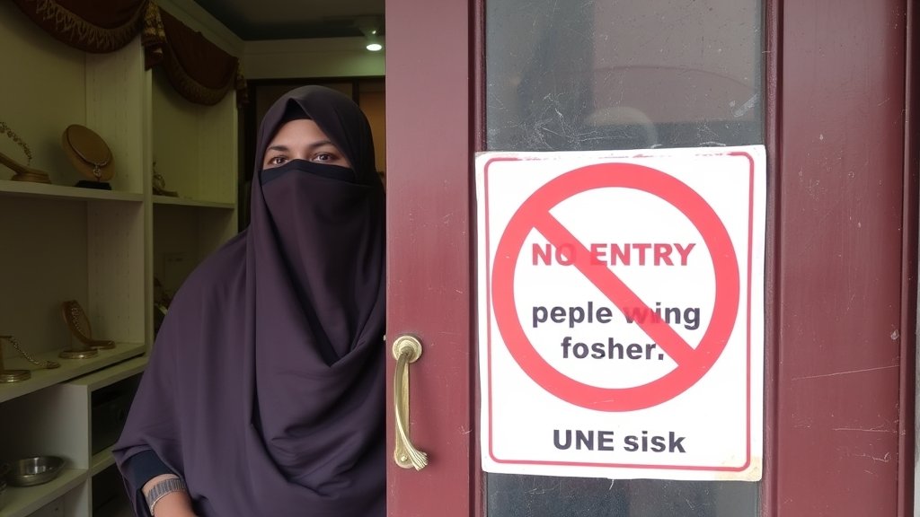 A photo of a person wearing a hijab or burqa being denied entry to a jewellery shop in Bihar, with a sign on the door stating "No entry to people wearing hijab, burqa, mask"