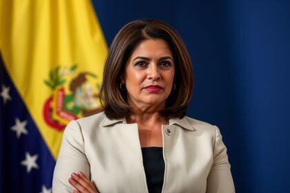 A photo of Delcy Rodriguez, the interim leader of Venezuela, standing in front of a Venezuelan flag, with a determined expression, symbolizing her stance against US control.