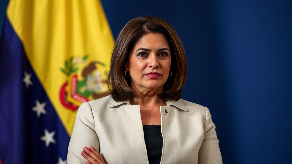 A photo of Delcy Rodriguez, the interim leader of Venezuela, standing in front of a Venezuelan flag, with a determined expression, symbolizing her stance against US control.