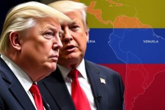 A photo of Donald Trump and Venezuelan President Nicolas Maduro with a map of South America in the background, highlighting the regions that could be affected by US intervention.